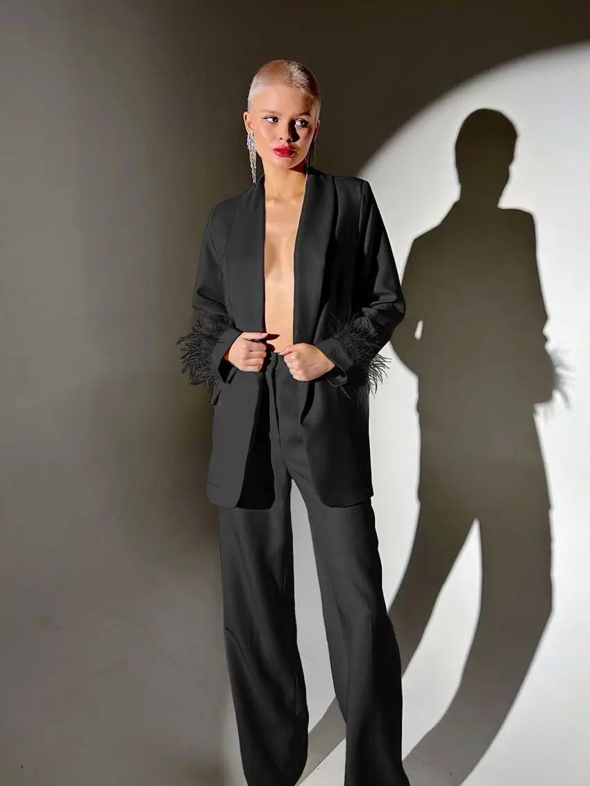 Spring Summer 2023New Fashion Party Set Women's High Quality Feather Splice Lapel Blazer+Straight Pants 2Pieces Loose And Casual