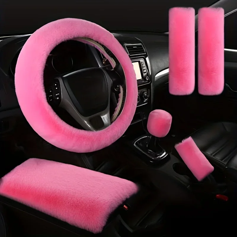 6pcs/Set Goddess Plush Car Steering Wheel Cover Rex Rabbit Hair Fluffy Steering Wheel Cover