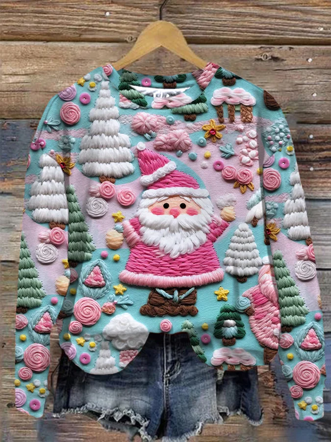 

Women's woven fun Santa Claus Christmas tree printed casual round neck sweatshirt pullover loose casual spring and autumn top