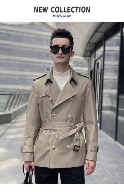 Cotton short trench coat for men British fashion double breasted 
