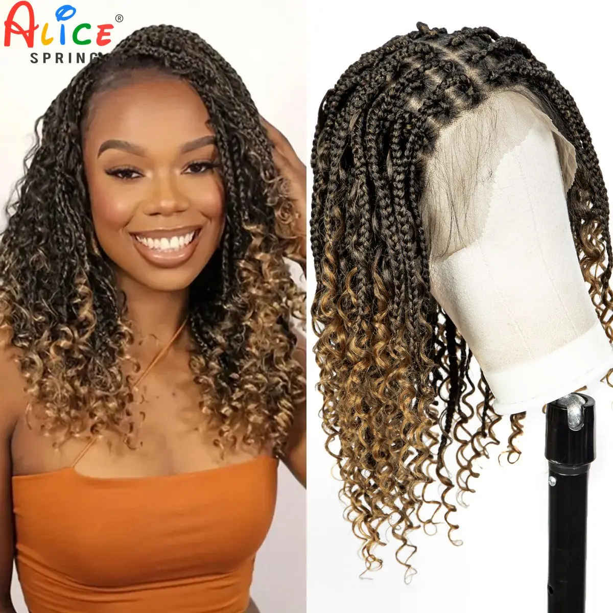 Ombre Knotless Box Braided Wigs with Curly Ends Synthetic Full Lace Braided Lace Wigs Short Boho Braided Bob Wig for Black Women