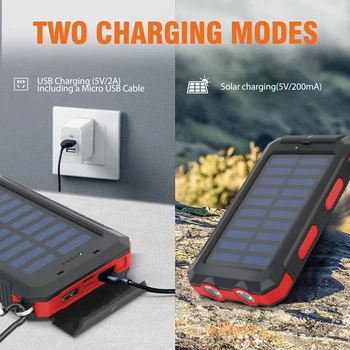 20000mAh Solar Charger Waterproof Portable Solar Power Bank Dual 5V USB Ports 2 LED Flashlight Compass for Outdoor Camping Hik 5