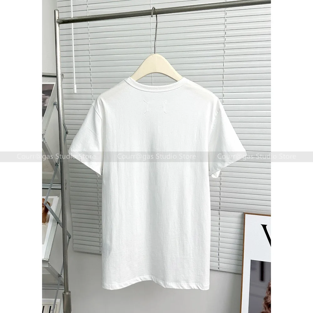 

2024 Summer Niche Letter Embroidery Hundred Solid Colour Round Neck Black and White Short Sleeve Woman