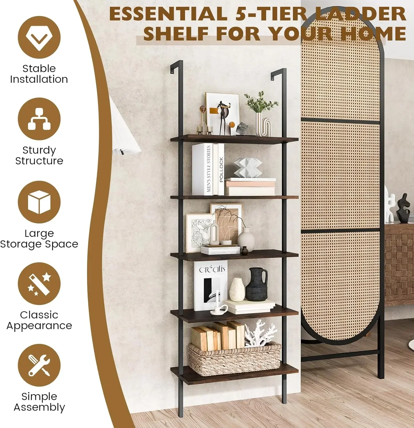 5-Tier Bookshelf, Modern Wall Mounted Ladder Shelf, 5 Tiers Wood Open Bookcase w/Metal Frame, Home Office Display Rack 6