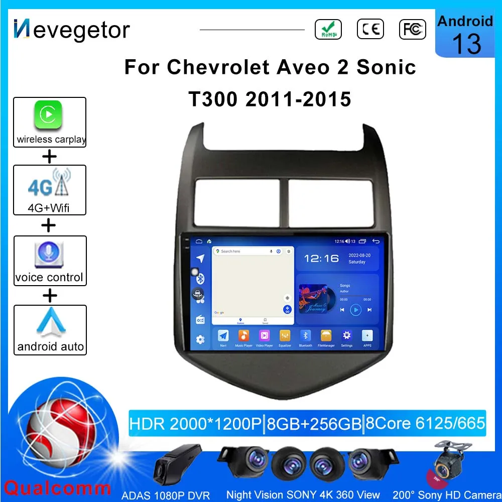 Qualcomm Per Chevrolet Aveo 2 Sonic T300 2011-2015 Autoradio Navigazione Multimediale Gps 2 Din 2Din Android13 Autoradio Carplay