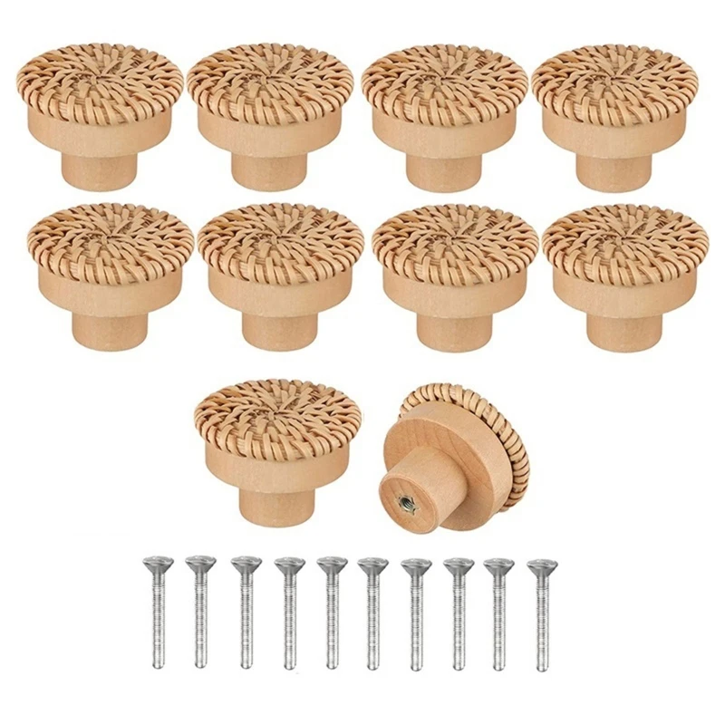 10 Pcs Rattan Cabinet Drawer Pulls Natural Wooden Dresser Knob Cupboard Handle