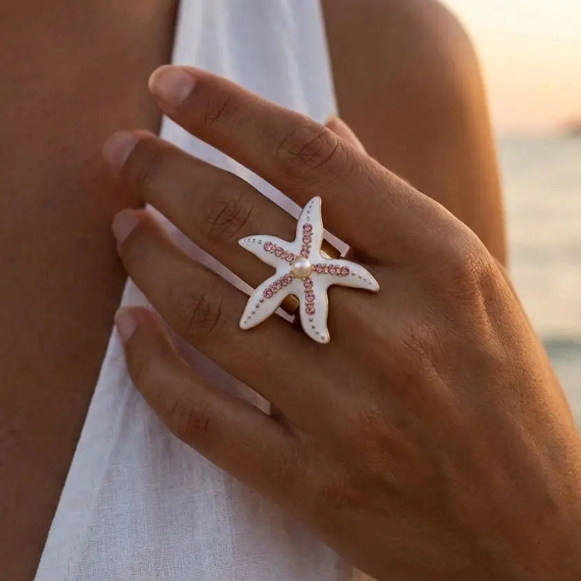 Verstellbarer Ring mit rosa Strass-Seestern und übertriebenem blauem Emaille-Wellen-Seestern – Sommer-Strandschmuck