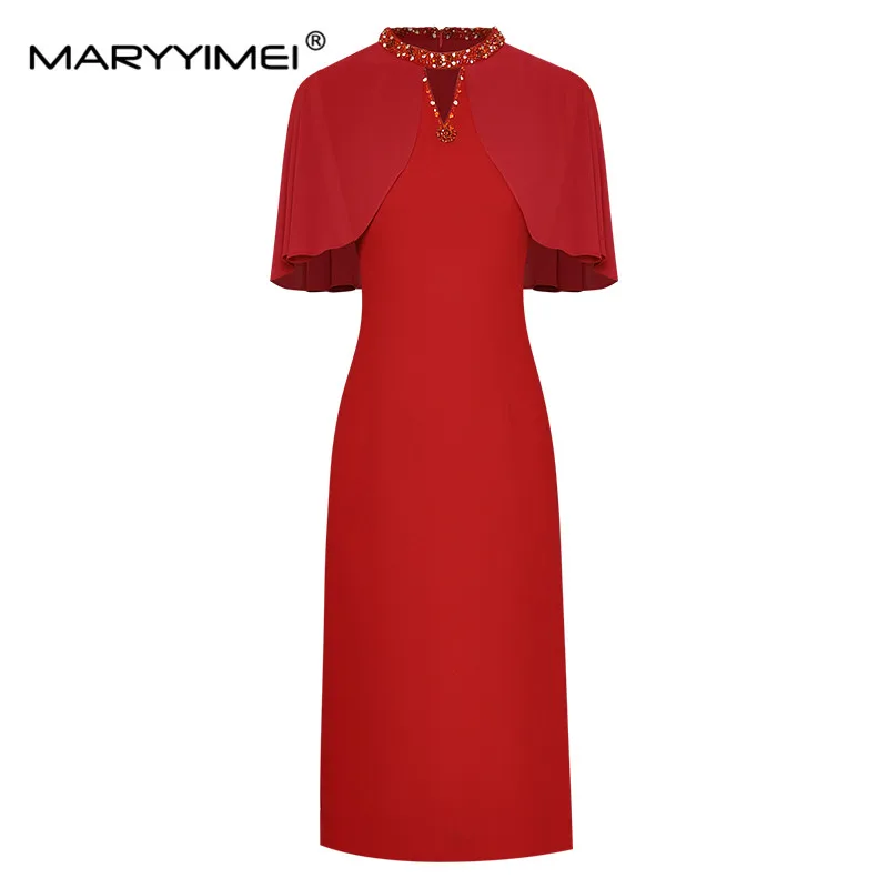 

MARYYIMEI Fashion Summer Women's dress Beading O-Neck Cloak Sleeves Package hip Elegant Party Dresses