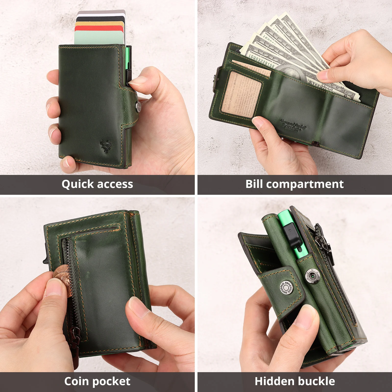 Tarjetero RFID De Cuero Genuino Con Clip Para Billet, Billeteras Tripl Mágicas De Lujo, Bolsillo Para Monedas, Tarjetero Emergente Inteligente - AliExprs