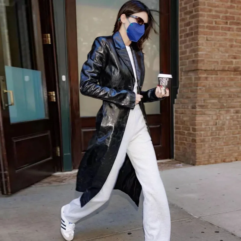 

Kendall's same PU leather mid length slim fitting suit collar trench coat for women's early autumn fur coat jacket