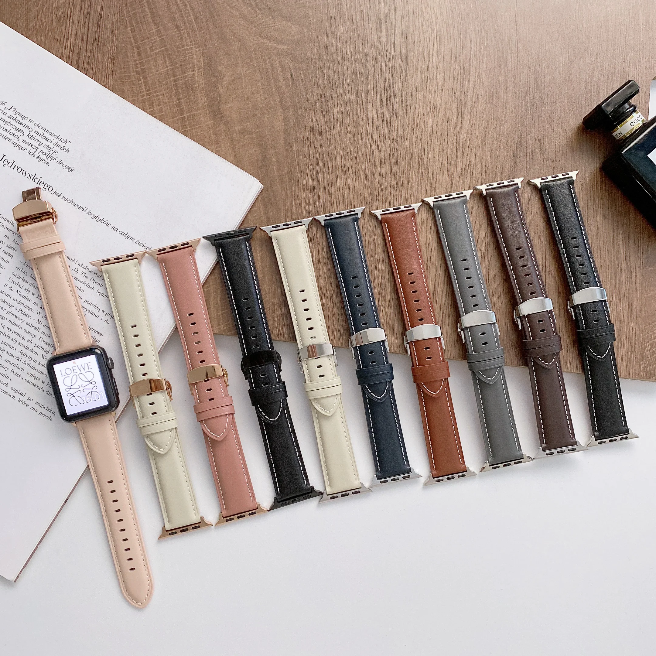

Butterfly Buckle Leather Band for Apple Watch 7 6 SE 5 4 3 2 1 Bracelet For iwatch 41mm 45mm 38mm 40mm 42mm 44mm Watch Straps