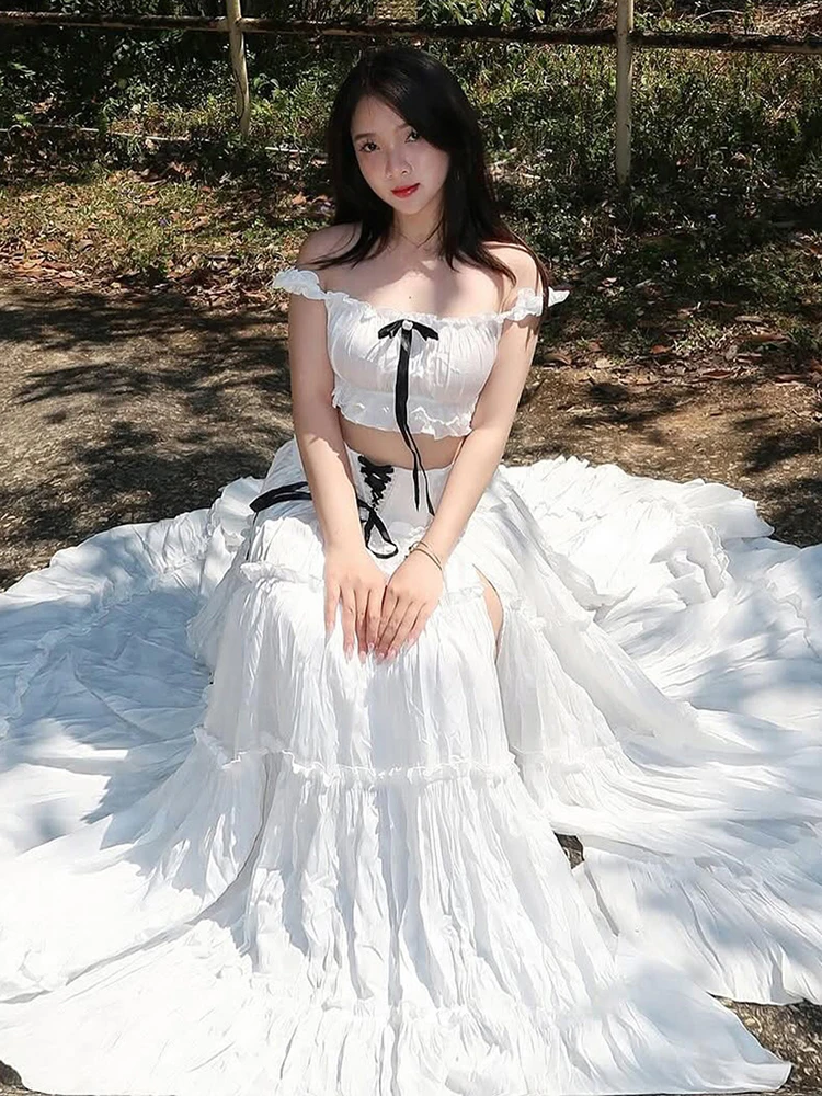 Nibber Sweet 2-Piece Set Women One Shoulder Patchwork Lace Bow Mini Tops+High Slits Folds Bandage Skirts Matching Vacation Suits