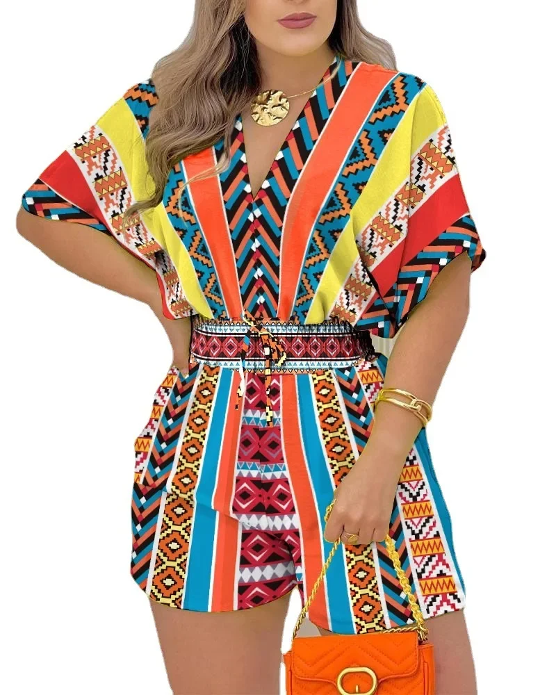 2024 Jumpsuit Women Summer Women Loose Casual Printing Jumpsuit Elegant Women Fashion V-neck Short Sleeve Waist Shorts Jumpsuit