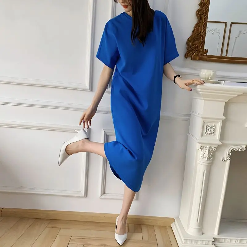 

Pure cotton t-shirt dress, women's short sleeved summer 2024 new loose and slim fit