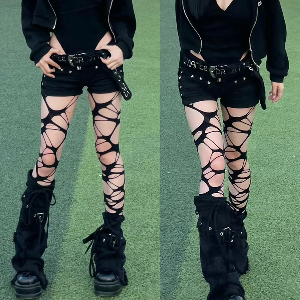 2024 Punk Torn Strap Holes Tights Nue Sexy Lolita Gothic Spider Web Stockings Ladies Y2k Black Mesh Soft Tights High Hosiery