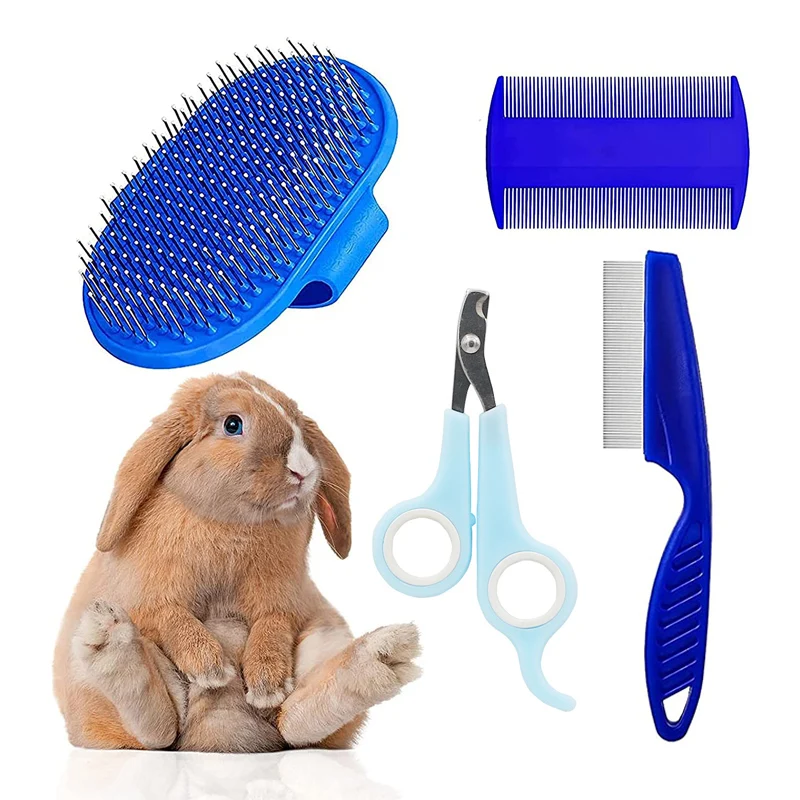 

4Pcs Small Animals Grooming Kit Rabbit Hair Remover Grooming Brush Guinea Pig Shampoo Bath Brush Bunny Double Sided Flea Comb