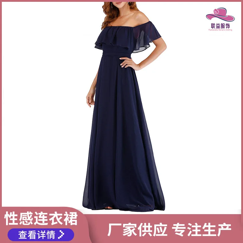 

New Solid Colour Dresses One Neck Elegant Short Sleeve Chiffon Evening Split Dresses for Women's