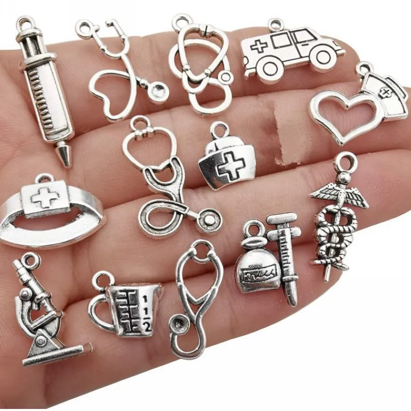 20Pcs/Lot Medical Doctor Nurse Hat Medicine Syringe Stethoscope Charms Ambulance Hospital Pendant For Diy Jewelry Making Bulk 2