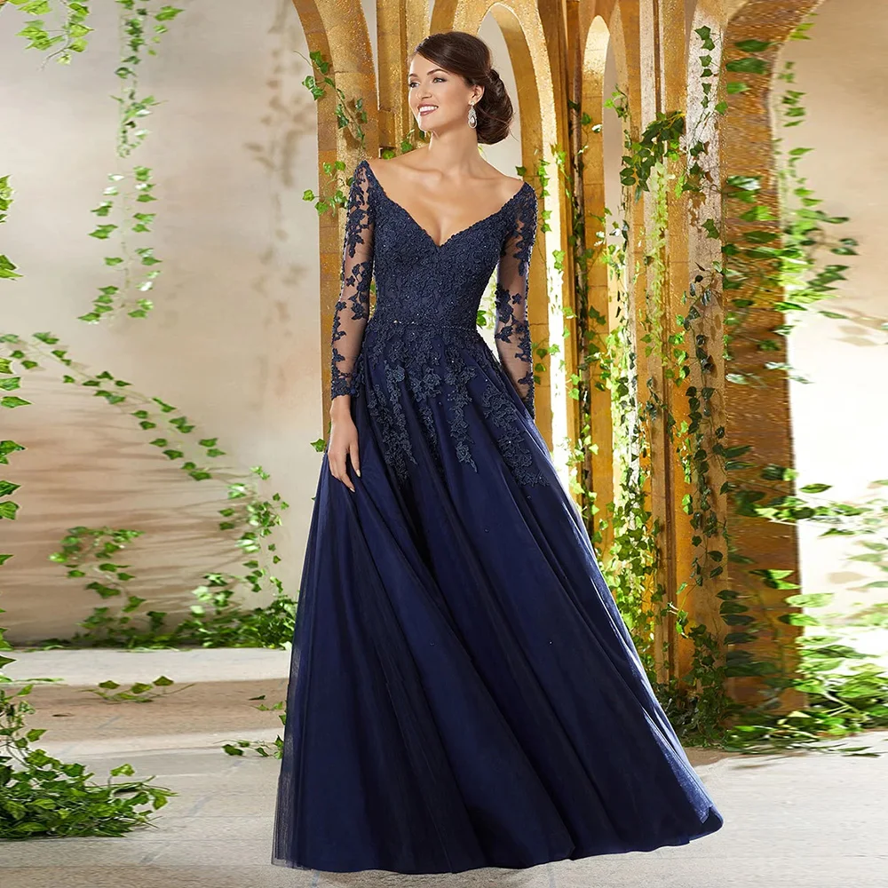 Navy Blue Mother of the Bride Dresses V Neck Long Sleeves Wedding Party Gowns Beads Appliques Floor Length فساتين السهرة Elegant