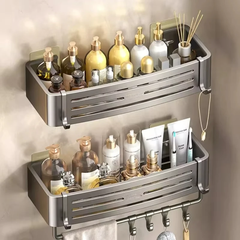 Bathroom Storage Shelf Wall Mounted No-Drill Aluminum Alloy For Shampoo Makeup Kitchen Organizer Accessory