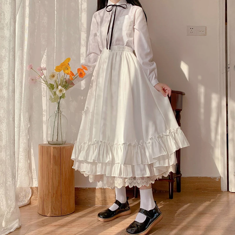 Japanese Solid Color Double Layer Vintage French Ruffled A-line Skirt Hepburn Style Black White Half Skirt Female Long Skirts