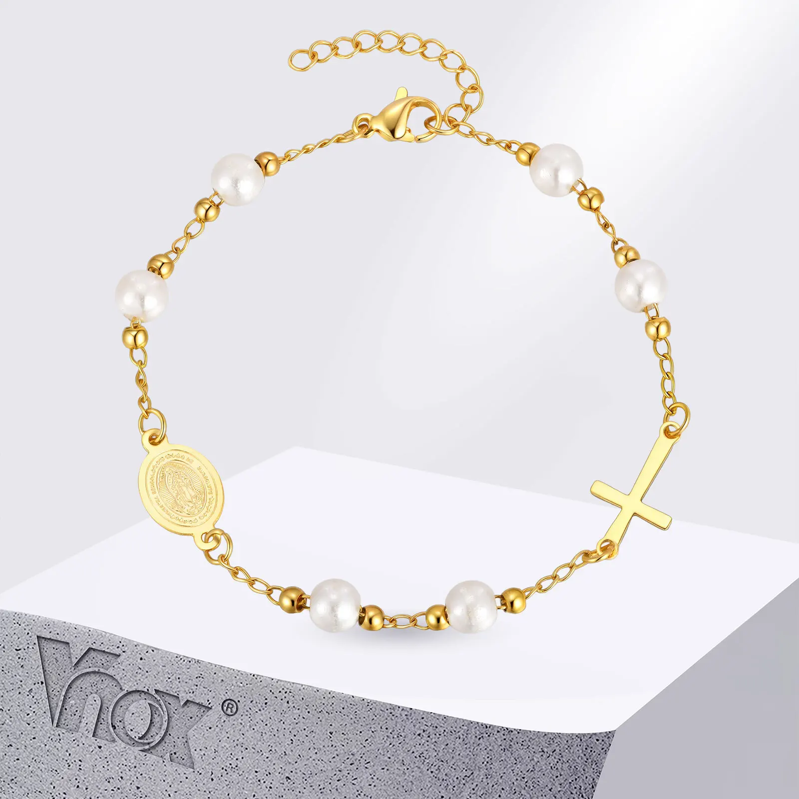 Vnox Metall Jungfrau Maria Saint Benedict Kreuz Armband, Edelstahl Perlen Perlenkette Armbänder für Frauen Religiöser Schmuck