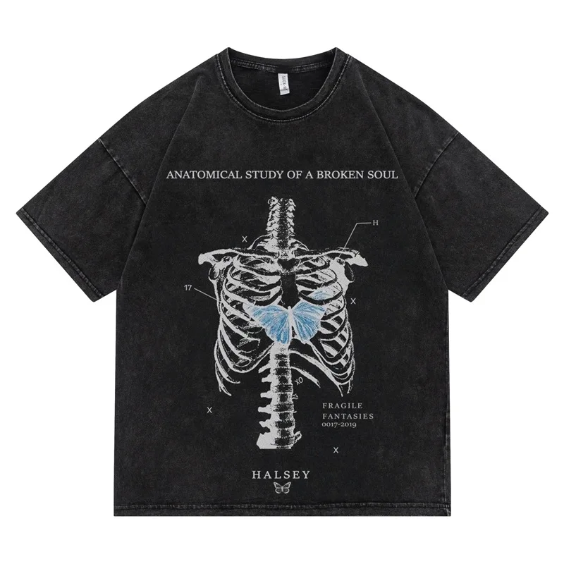 

Fashion Brand Washed Vintage Short-sleeved T-shirt for Boys Summer Round Neck Printed Clothes Loose Cotton Half-sleeved Men