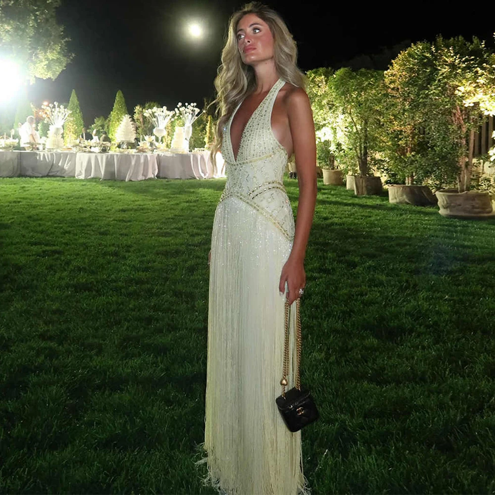 Tassel Evening Dress Halter Backless Customized Prom Dresses Sequined Beading Celebrity Gowns