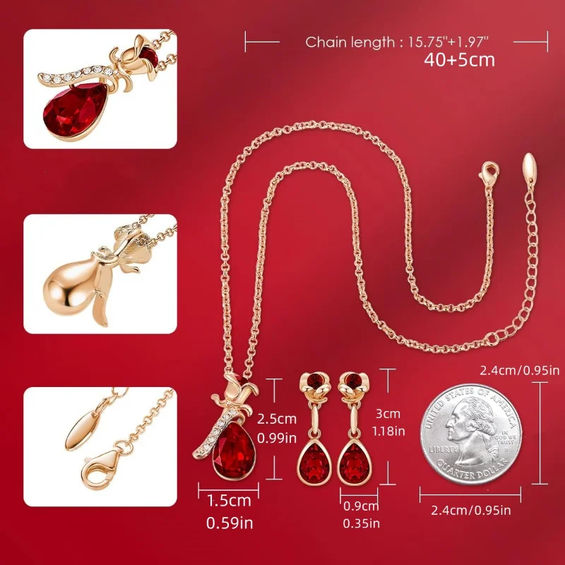 Fashion Ruby Rose Flower and Droplet Shape Pendant Necklace Earrings Set For Women Banquet Wedding Anniversary Jewelry Set Gift