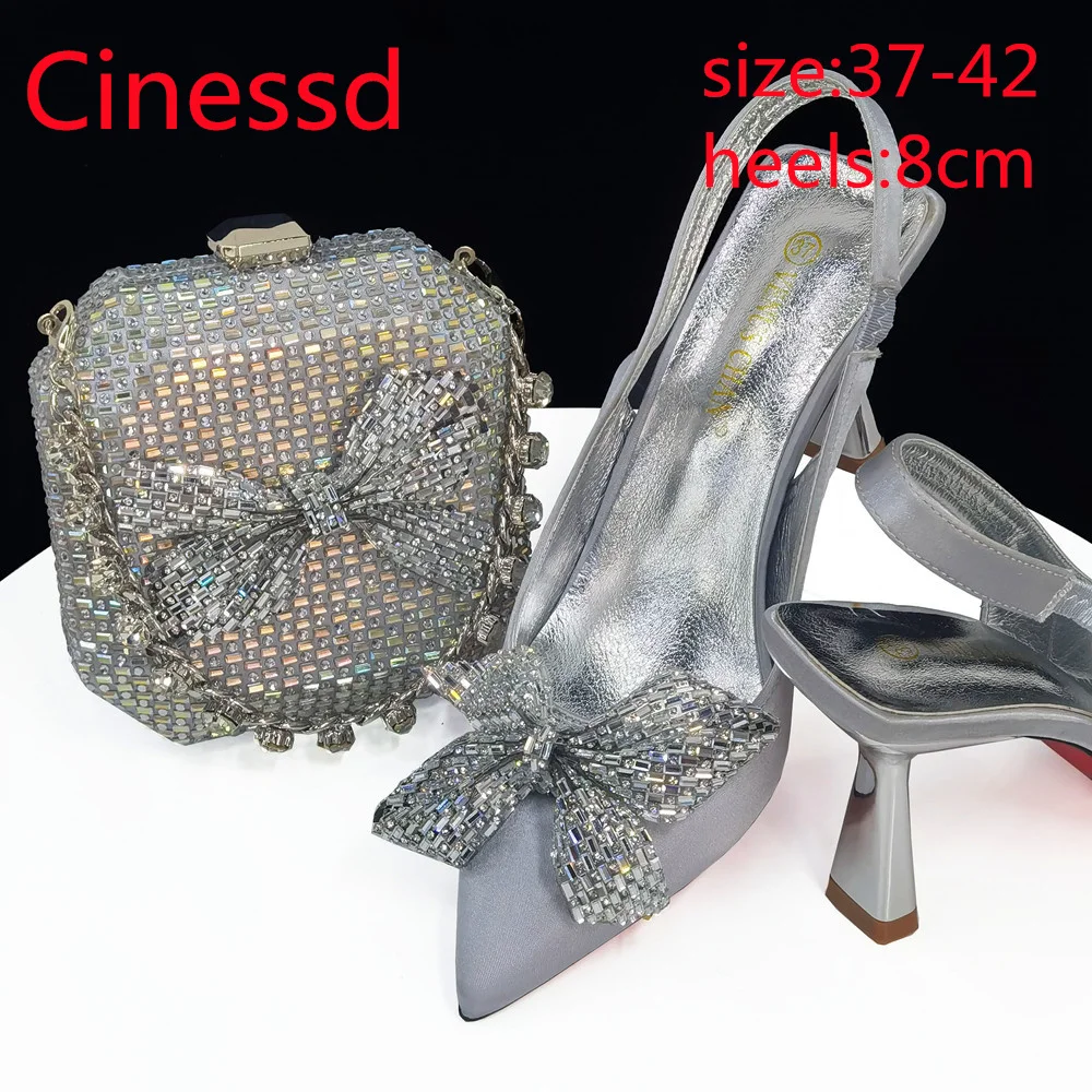 

New 2024 Elegant Party Sandals Rhinestone Pumps Pointed Toe Wedding Party Silver Women High Heel Shoes And Bags Set