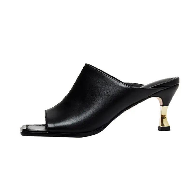 Korea cowhide fashion snake pattern slippers female Europe & USA flat head high-heeled slippers 2024 spring & summer new models