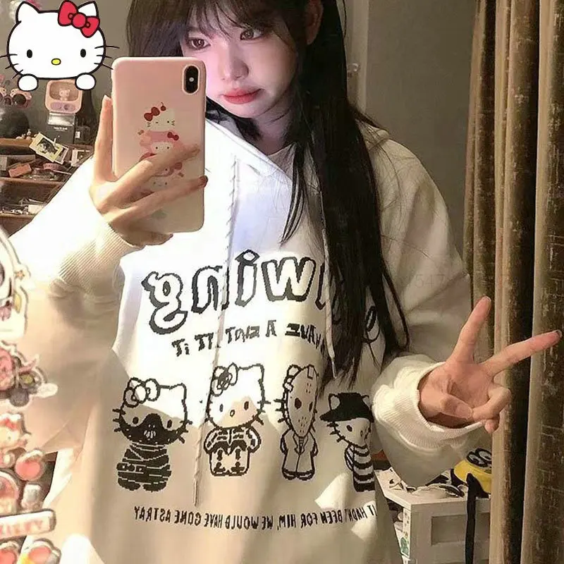 

Sanrio Hello Kitty Hooded Sweater Thin Harajuku High Street Graffiti Student Hoodie Y2k Fashion Cute Cartoon Print Coat Women