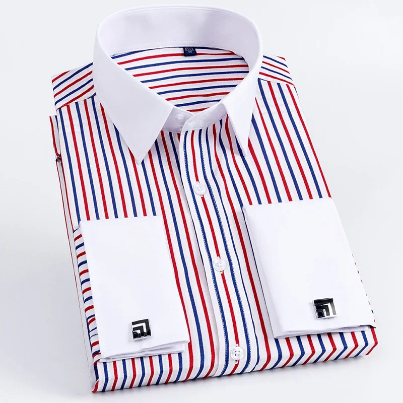 Men's Slim Fit French Cufflinks Shirt Non Iron Long Sleeve Cotton Male Tuxedo Sh - Foto 4