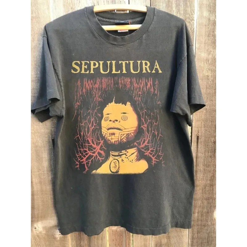 Sommer-T-Shirt für Herren, Rundhalsausschnitt, Baumwolle, Sepultura Music Metal Band, Vintage 90er Jahre, anthrazitgraues, neutrales T-Shirt