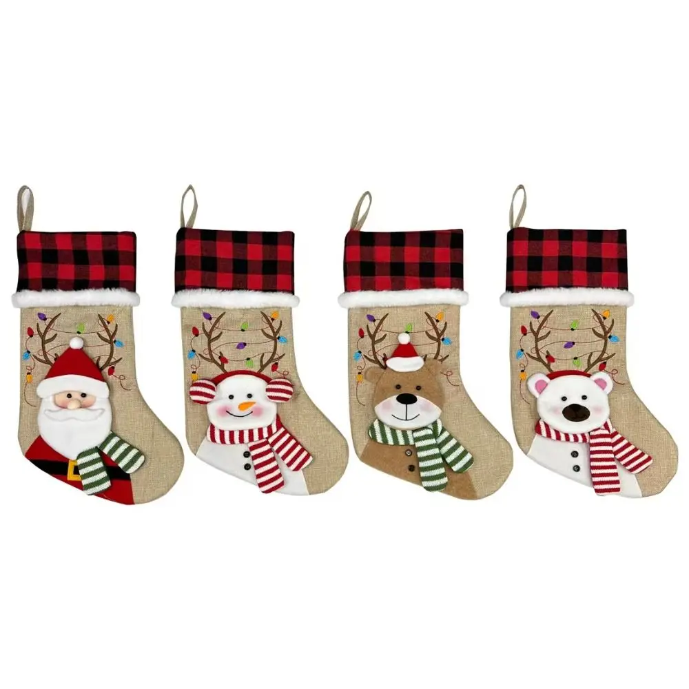 

3D Cartoon Christmas Socks Plush Hemp Large Capacity Xmas Tree Pendant Snowman Santa Claus Christmas Gift Bag