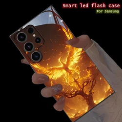 Flame Phoenix LED Glow Glass Back Luminous Phone Case with Eagle Design for S22 Ultra (A1)