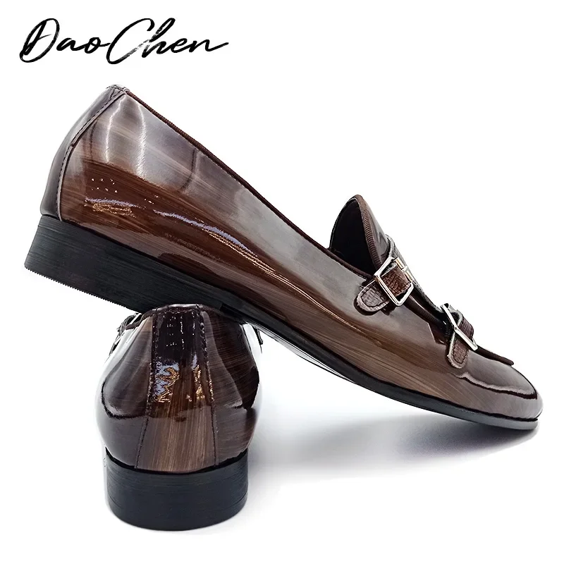 DAOCHEN MENS GENUINE LEATHER SHOES COFFEE BLACK HANDMADE MONK STRAP PATENT LOAFERS WEDDING PARTY CASUAL DRESS MENS SHOES