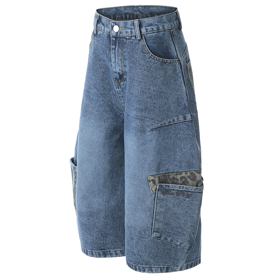 Vintage Baggy Denim Shorts Leopard Patchwork Loose Blue Jeans Shorts Men Summer Streetwear Harajuku Hip Hop Cargo