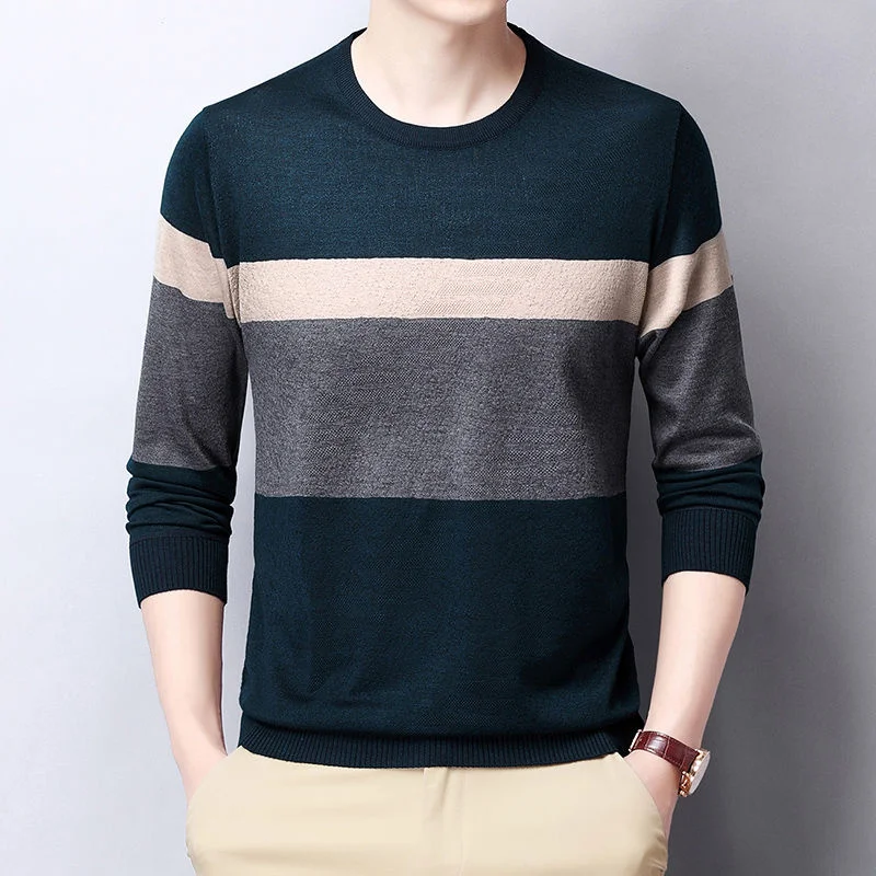 Fashion Men Striped Sweaters Pullovers Spring Autumn New Bottoming Thin Male Clothes Casual Loose Warm Knitted Long Sleeve Top