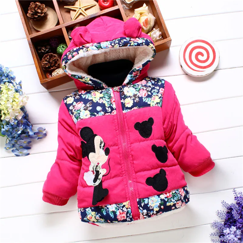 Kids Jackets Winter Coat Girls' Cotton Jacket Winter Children's Clothing Sweet Mouse Head Print Thick Baby Coat Cartoon Hooded Cotton Jacket