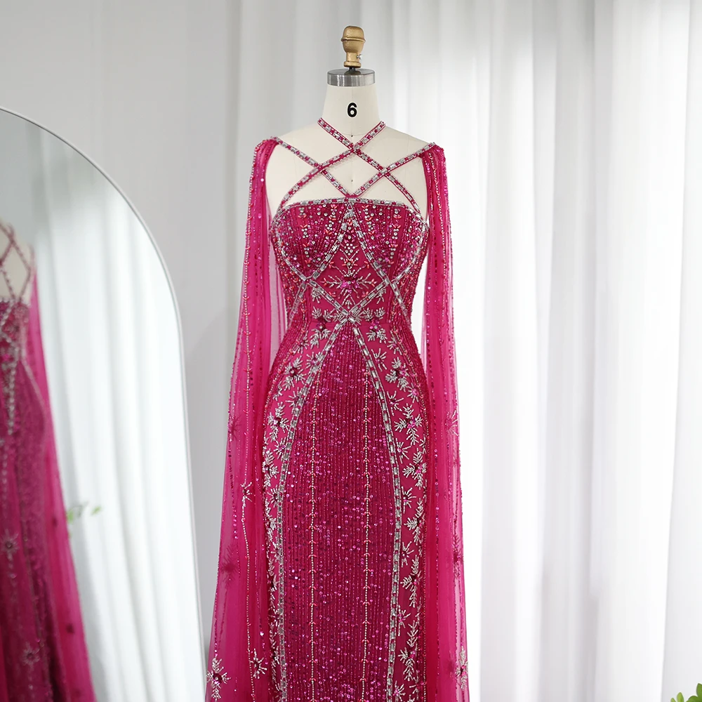 Sharon Said Luxury Dubai Aqua Lilac Arabic Mermaid Evening Dress with Cape Sleeves Criss Cross Women Wedding Party Gowns SS391