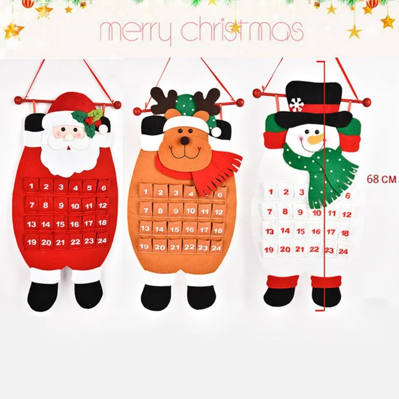 3 Style Wall Hanging Christmas Decorations 24 Days Santa Snowman Elk Reusable Xmas Countdown Calendar Christmas Advent Calendar