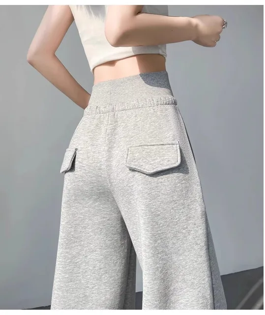 Women's gray sports high waist hanging loose slimming straight leg wide leg pants American sweatpants.
