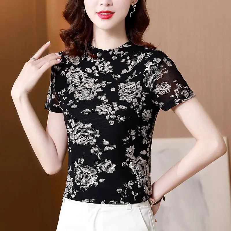 

2023 Summer Round Neck Temperament Thin Women's Clothing Casual All-match Simplicity Commuter Fashion Flower Printed T-shirt