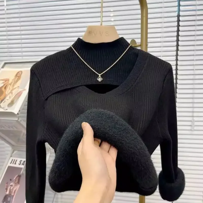 

Осень-зима 2023, полосатый тонкий свитер с воротником средней высоты, дизайнерская нишевая Однослойная трикотажная Женская одежда с флисовой подкладкой