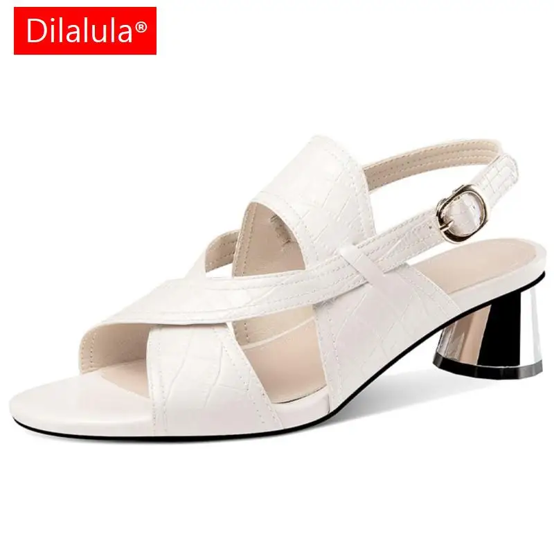 

Dilalula Mature Women Sandals Quality Genuine Leather Thick Heels Peep Toe Pumps Office Ladies Party Summer Hollow Shoes Woman