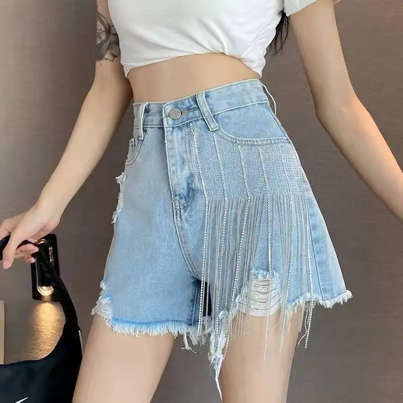 

Design Sense Tassel Raw Edge Denim Shorts Women's Summer Female New Shiny High-waisted Slimming A-line Wide Leg Hot Pants Q834