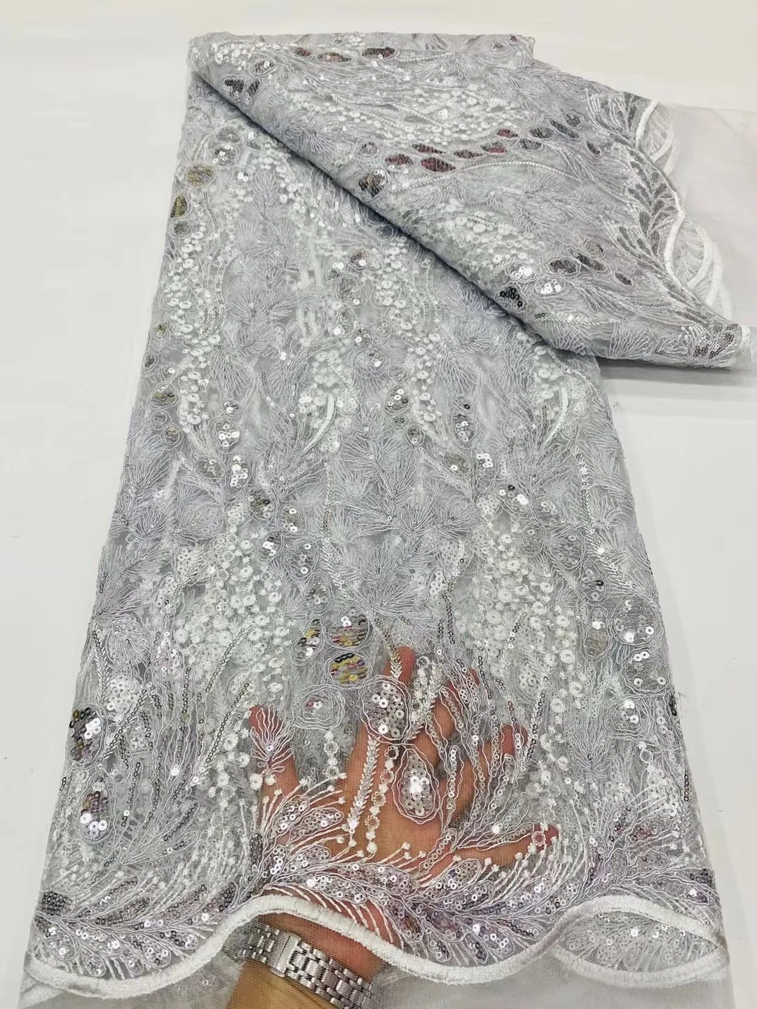 

African 5 Yards Tulle Guipure Cord Lace Fabric Nigeria 2023 High Quality Sequins Mesh Lace Fabric For Bridal Wedding Party Dress