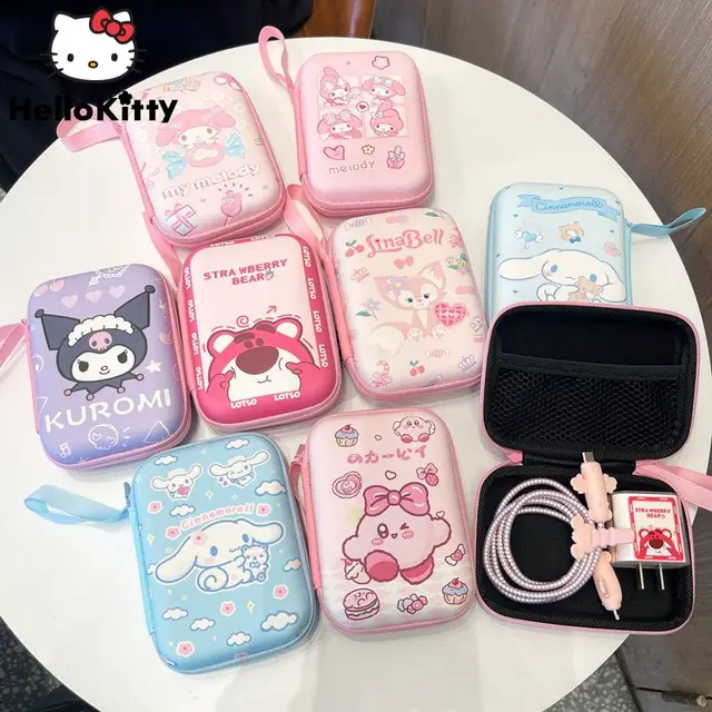 Sanrio Kawaii Töltő Tároló Táska Fejhallgató Adatkábel Hordozható Doboz Dallam Kuromi Cinnamoroll Aranyos Szervező