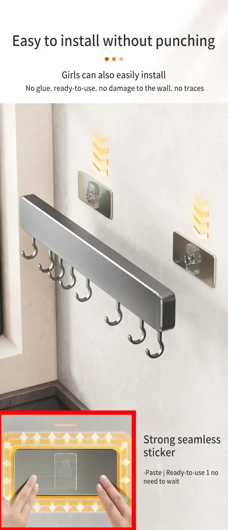 Description Picture 6 of itemNew Kitchen Storage Rack Non-perforated shelves Wall Mounted with Movable hook Spoon Holder Organizer Kitchen Utensil Accessorie